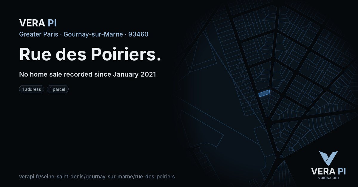 Rue des Poiriers, Gournay-sur-Marne at night – every parcel coloured by the prices around it, the street's own parcels lit