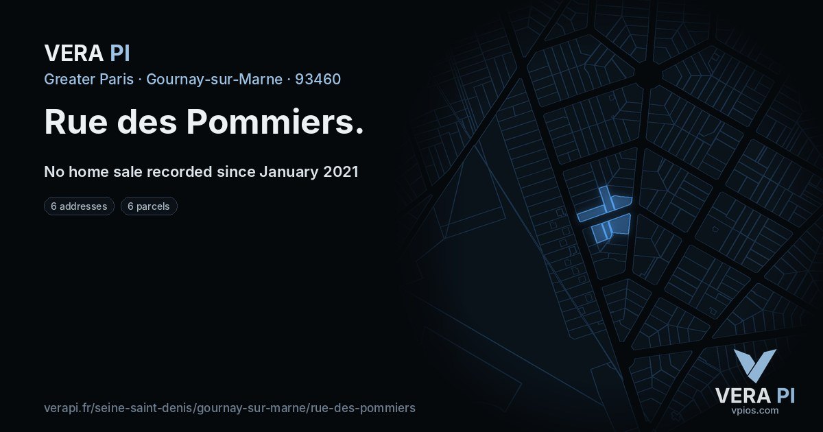 Rue des Pommiers, Gournay-sur-Marne at night – every parcel coloured by the prices around it, the street's own parcels lit