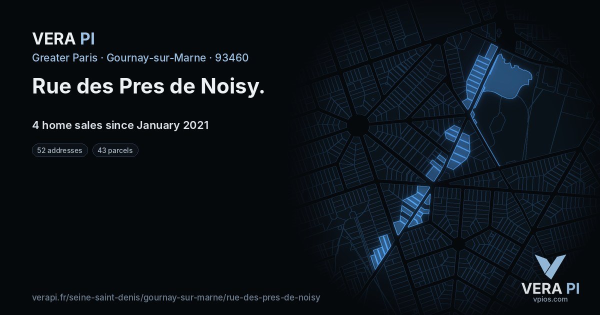 Rue des Pres de Noisy, Gournay-sur-Marne at night – every parcel coloured by the prices around it, the street's own parcels lit
