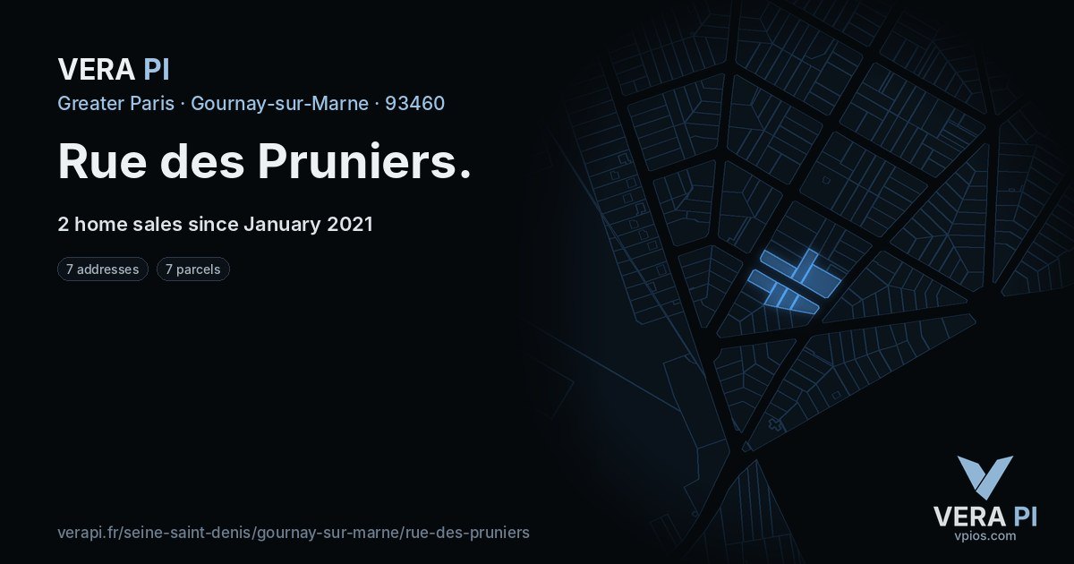 Rue des Pruniers, Gournay-sur-Marne at night – every parcel coloured by the prices around it, the street's own parcels lit