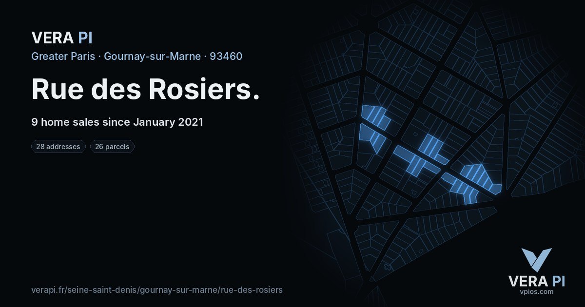 Rue des Rosiers, Gournay-sur-Marne at night – every parcel coloured by the prices around it, the street's own parcels lit