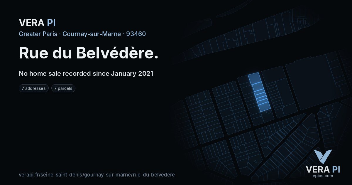 Rue du Belvédère, Gournay-sur-Marne at night – every parcel coloured by the prices around it, the street's own parcels lit