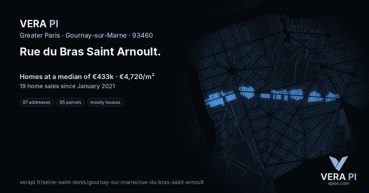 Rue du Bras Saint Arnoult, Gournay-sur-Marne at night – every parcel coloured by the prices around it, the street's own parcels lit