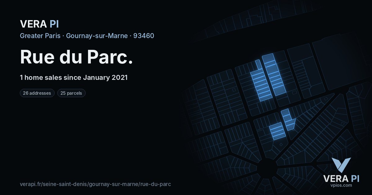 Rue du Parc, Gournay-sur-Marne at night – every parcel coloured by the prices around it, the street's own parcels lit