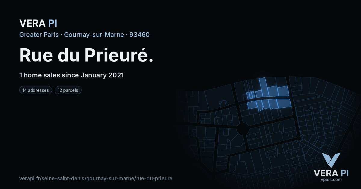 Rue du Prieuré, Gournay-sur-Marne at night – every parcel coloured by the prices around it, the street's own parcels lit