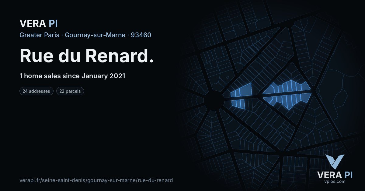 Rue du Renard, Gournay-sur-Marne at night – every parcel coloured by the prices around it, the street's own parcels lit