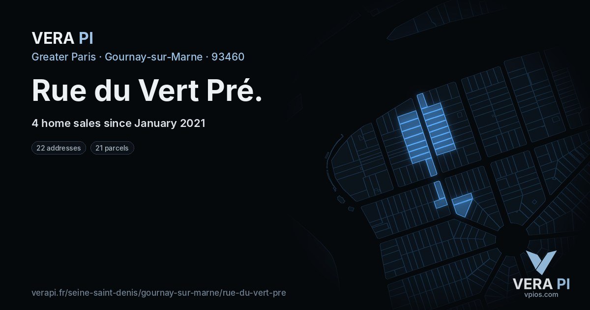 Rue du Vert Pré, Gournay-sur-Marne at night – every parcel coloured by the prices around it, the street's own parcels lit