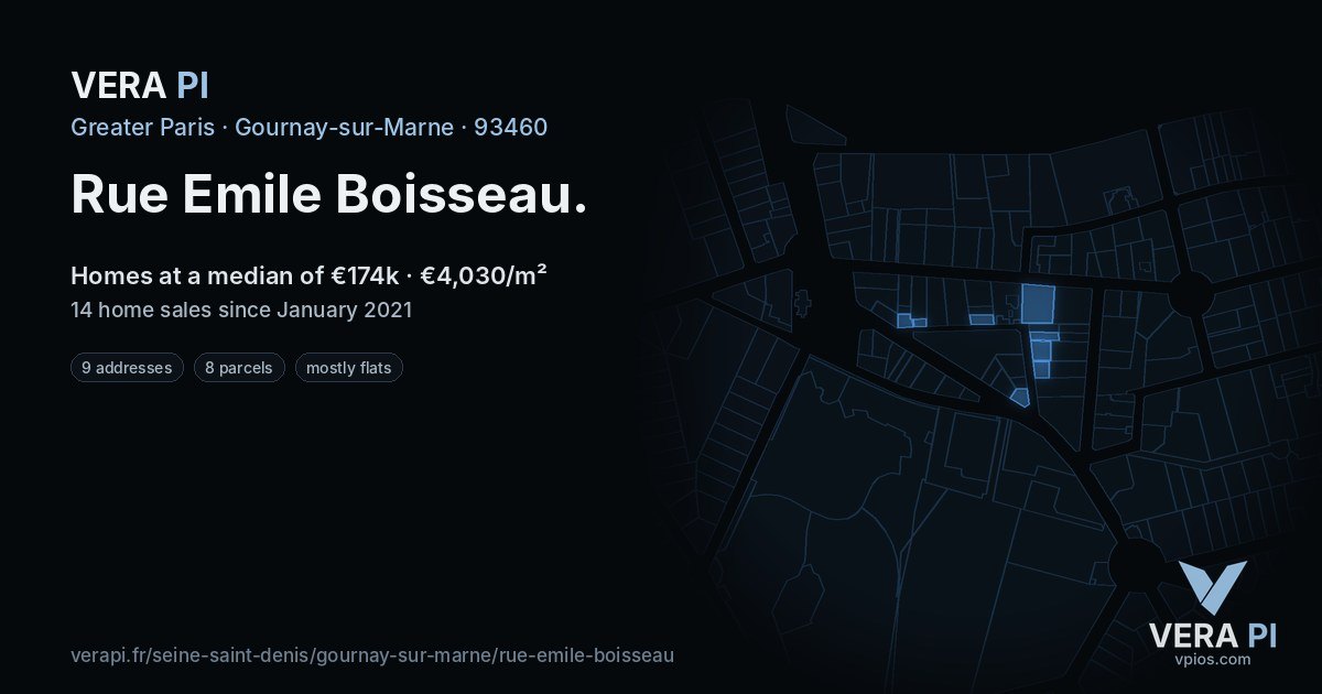 Rue Emile Boisseau, Gournay-sur-Marne at night – every parcel coloured by the prices around it, the street's own parcels lit