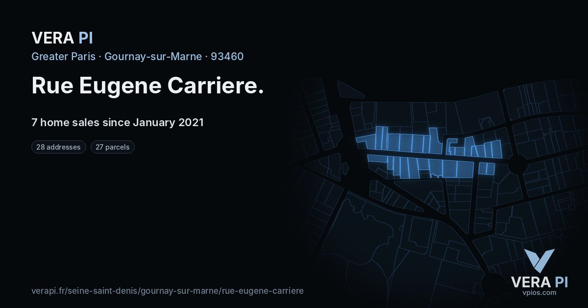 Rue Eugene Carriere, Gournay-sur-Marne at night – every parcel coloured by the prices around it, the street's own parcels lit