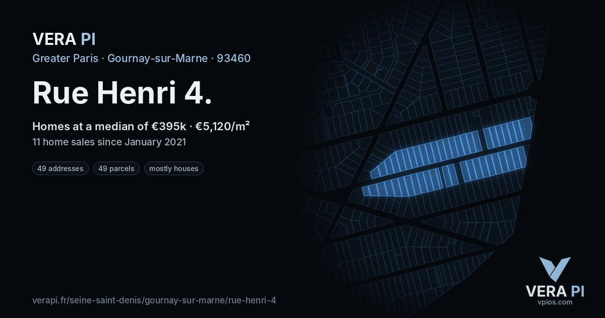 Rue Henri 4, Gournay-sur-Marne at night – every parcel coloured by the prices around it, the street's own parcels lit
