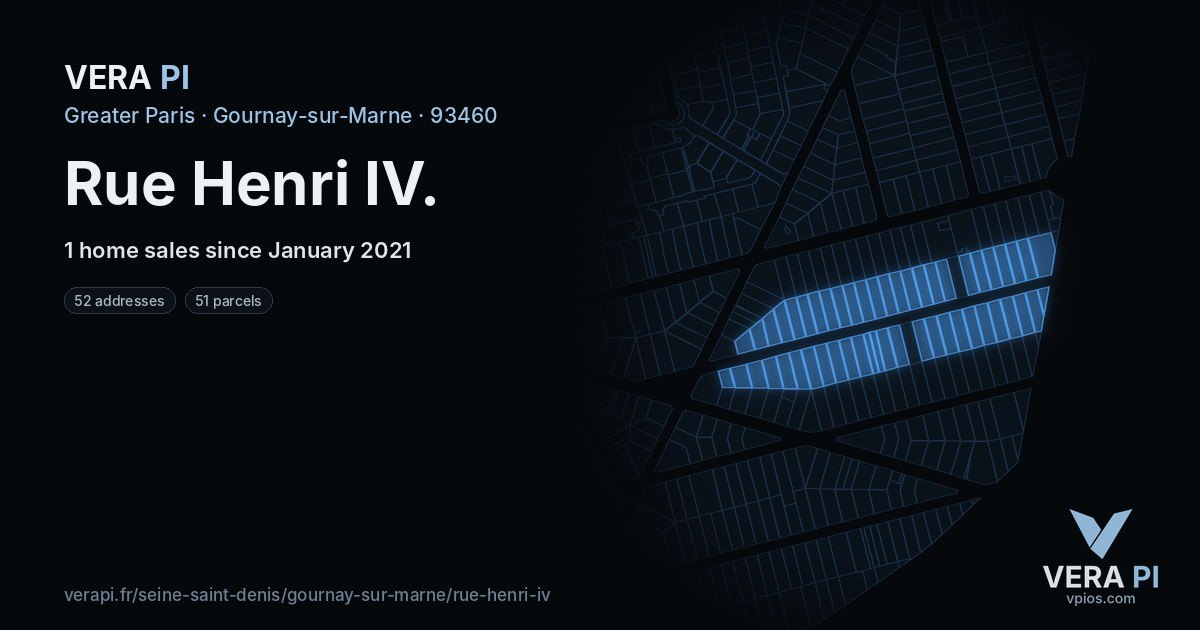 Rue Henri IV, Gournay-sur-Marne at night – every parcel coloured by the prices around it, the street's own parcels lit