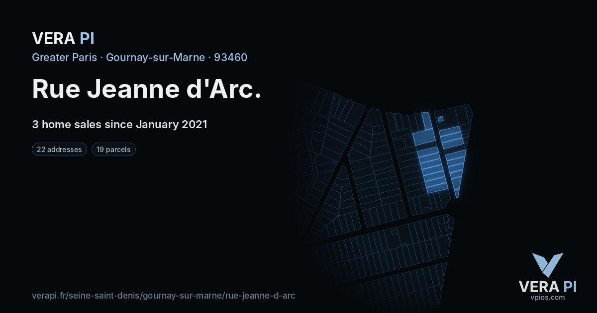Rue Jeanne d'Arc, Gournay-sur-Marne at night – every parcel coloured by the prices around it, the street's own parcels lit