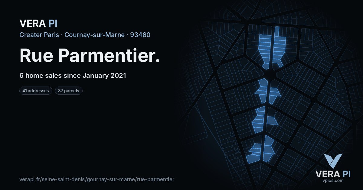 Rue Parmentier, Gournay-sur-Marne at night – every parcel coloured by the prices around it, the street's own parcels lit