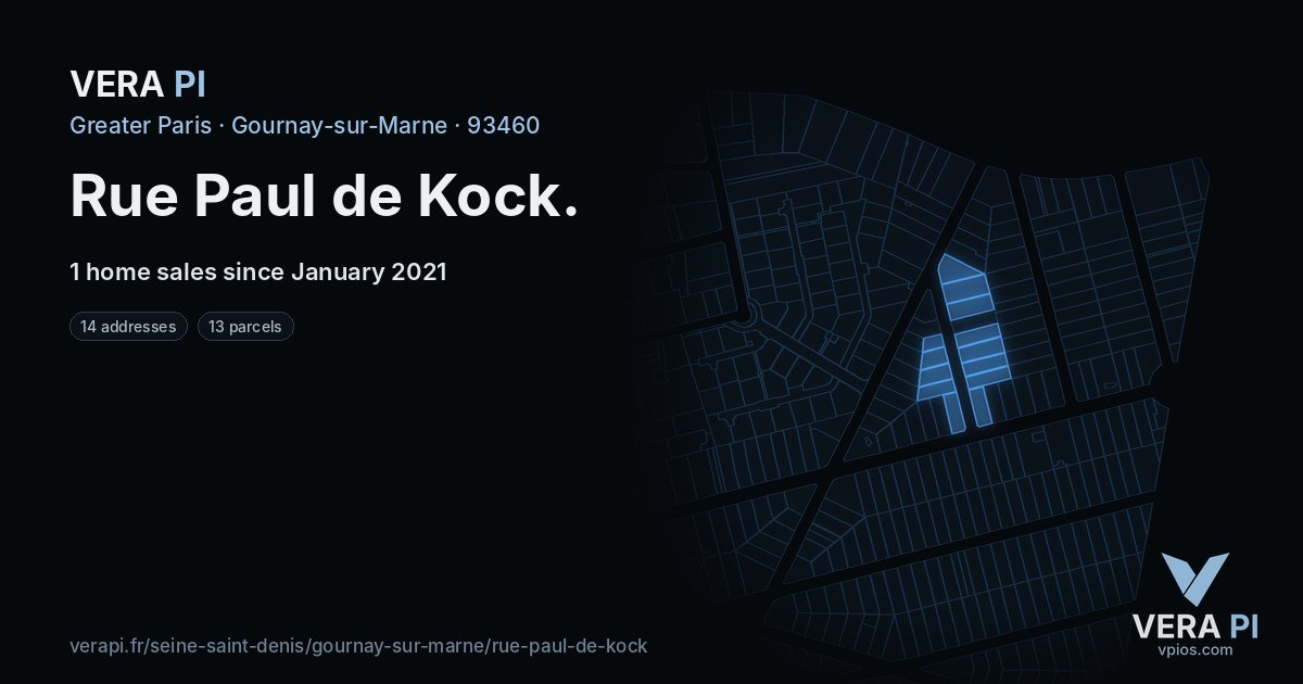 Rue Paul de Kock, Gournay-sur-Marne at night – every parcel coloured by the prices around it, the street's own parcels lit