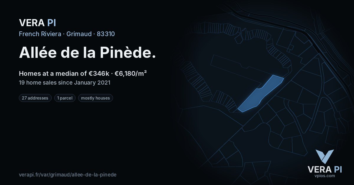 Allée de la Pinède, Grimaud at night – every parcel coloured by the prices around it, the street's own parcels lit