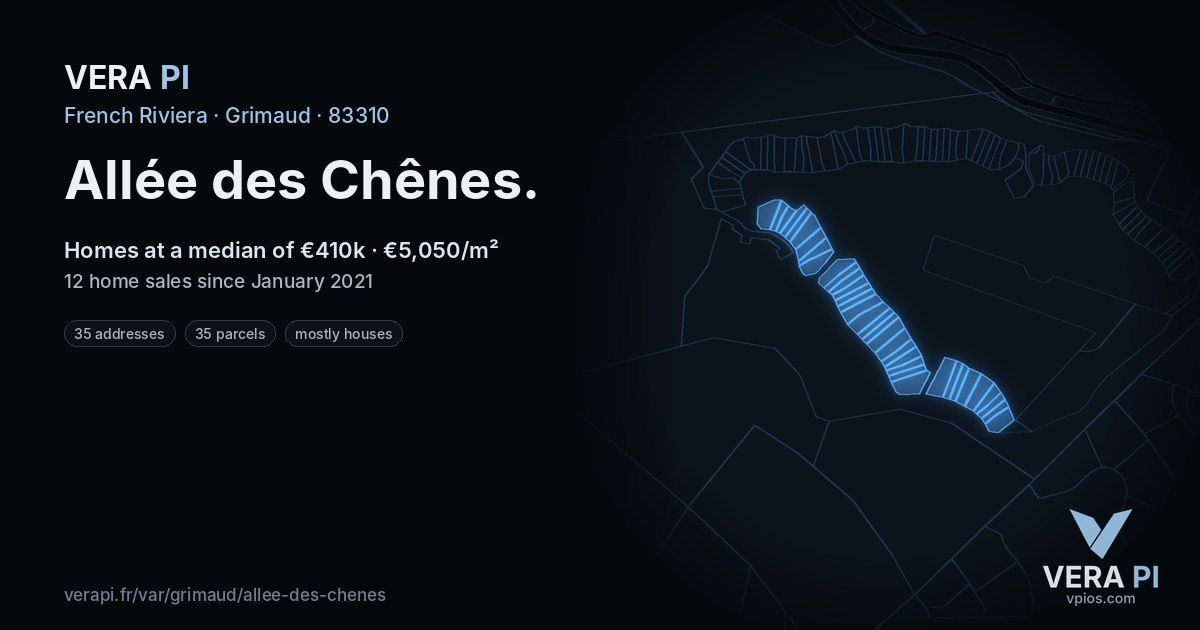 Allée des Chênes, Grimaud at night – every parcel coloured by the prices around it, the street's own parcels lit