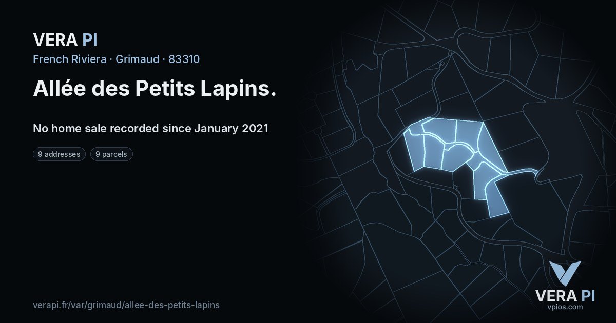 Allée des Petits Lapins, Grimaud at night – every parcel coloured by the prices around it, the street's own parcels lit