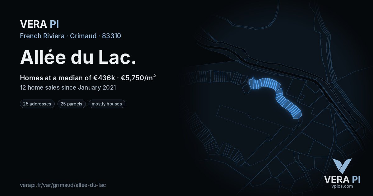 Allée du Lac, Grimaud at night – every parcel coloured by the prices around it, the street's own parcels lit