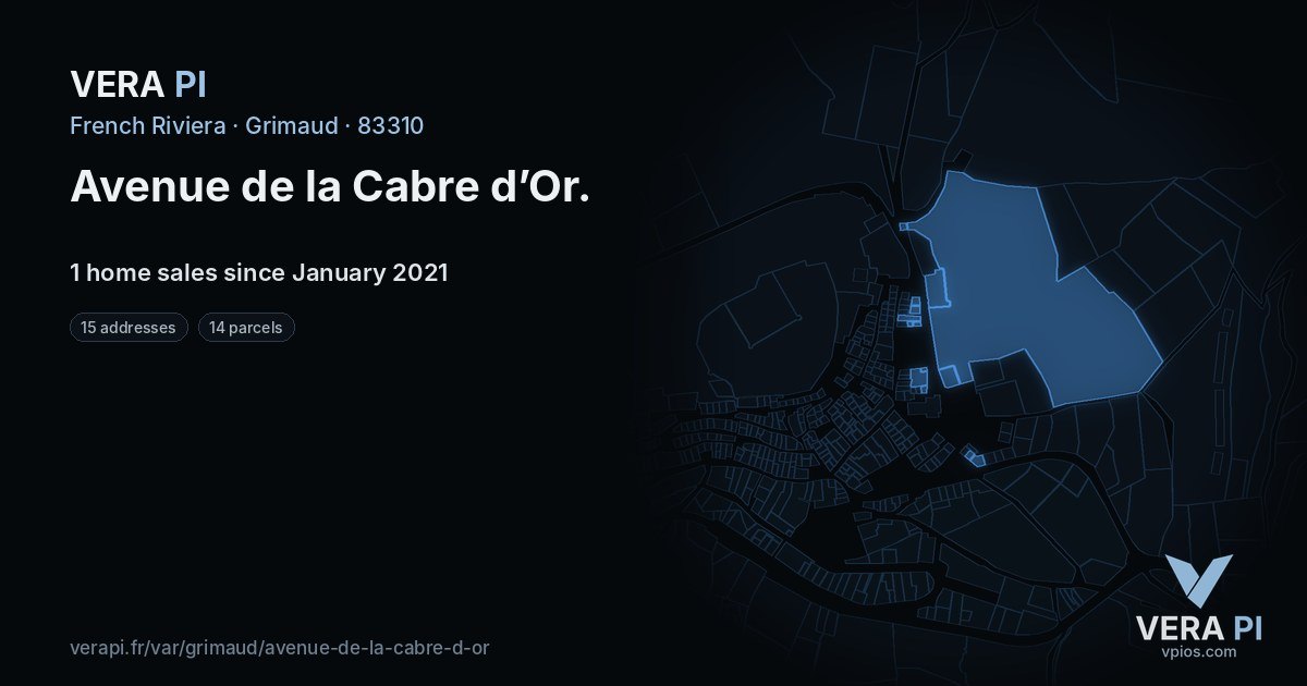 Avenue de la Cabre d’Or, Grimaud at night – every parcel coloured by the prices around it, the street's own parcels lit