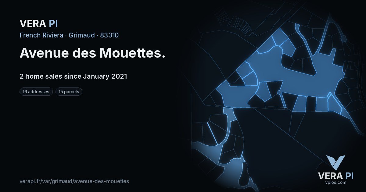 Avenue des Mouettes, Grimaud at night – every parcel coloured by the prices around it, the street's own parcels lit