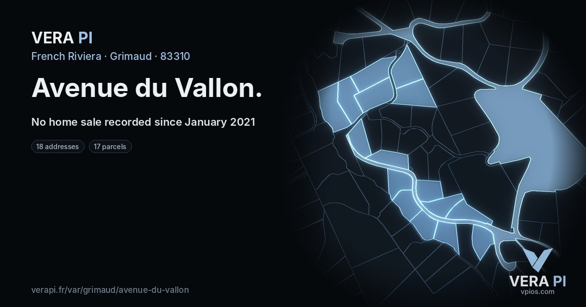 Avenue du Vallon, Grimaud at night – every parcel coloured by the prices around it, the street's own parcels lit