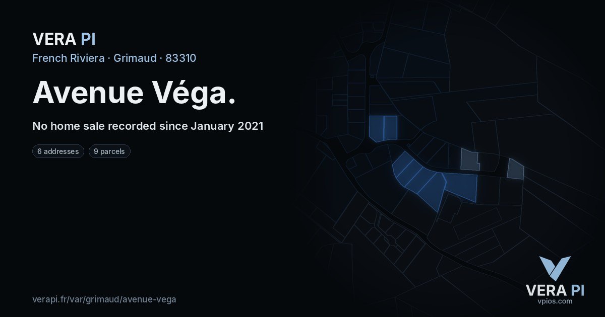 Avenue Véga, Grimaud at night – every parcel coloured by the prices around it, the street's own parcels lit