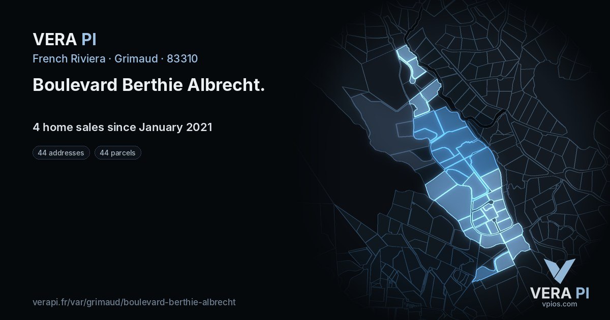 Boulevard Berthie Albrecht, Grimaud at night – every parcel coloured by the prices around it, the street's own parcels lit