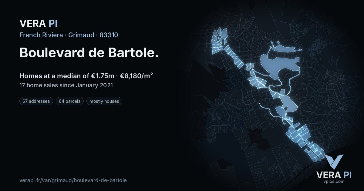 Boulevard de Bartole, Grimaud at night – every parcel coloured by the prices around it, the street's own parcels lit