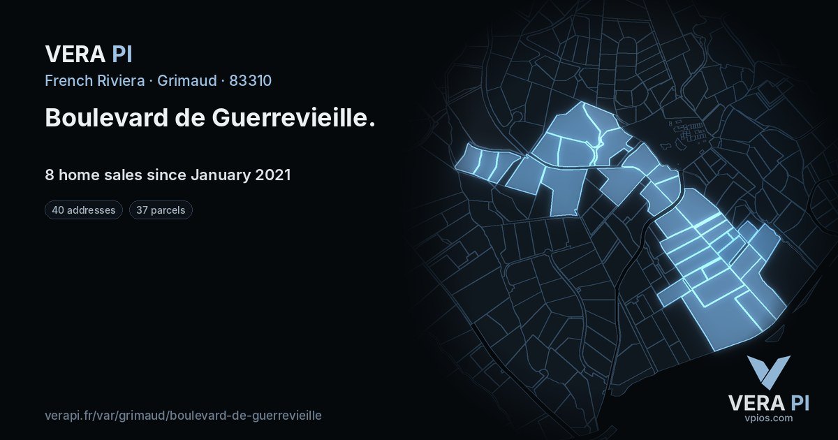 Boulevard de Guerrevieille, Grimaud at night – every parcel coloured by the prices around it, the street's own parcels lit