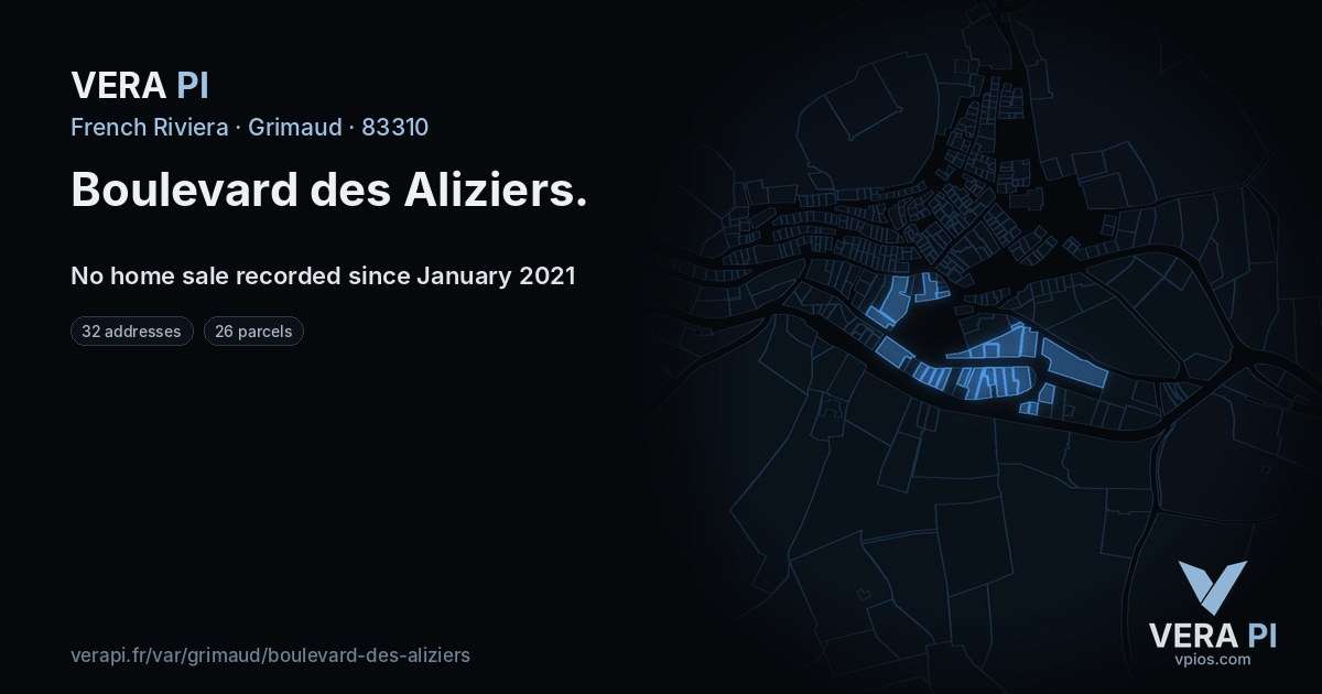 Boulevard des Aliziers, Grimaud at night – every parcel coloured by the prices around it, the street's own parcels lit