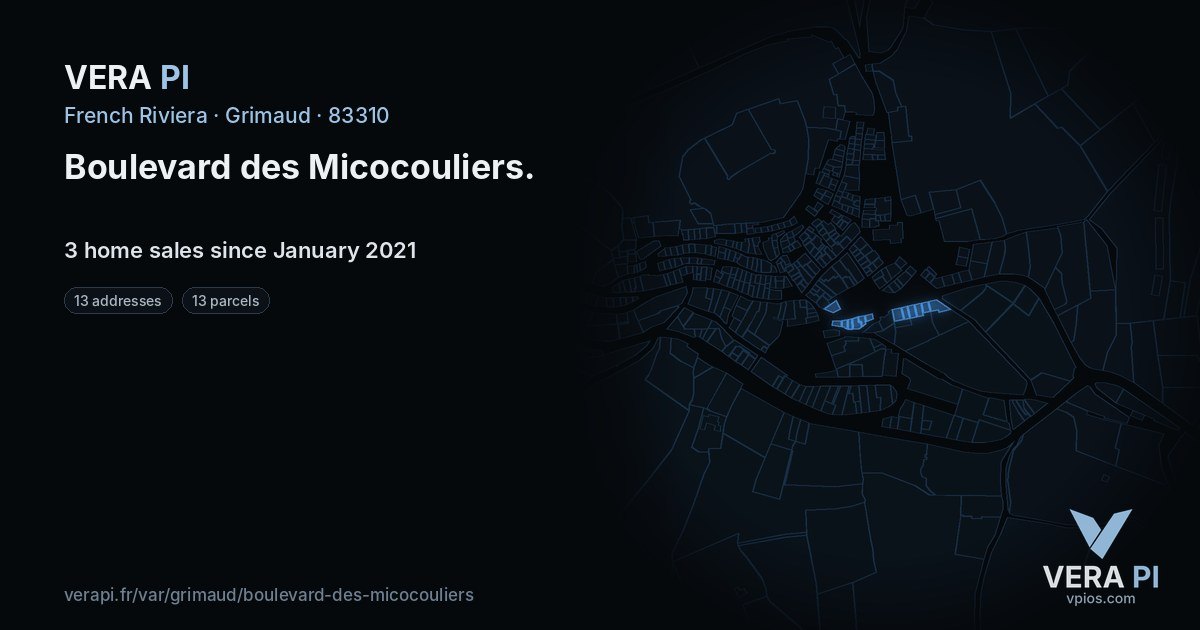 Boulevard des Micocouliers, Grimaud at night – every parcel coloured by the prices around it, the street's own parcels lit