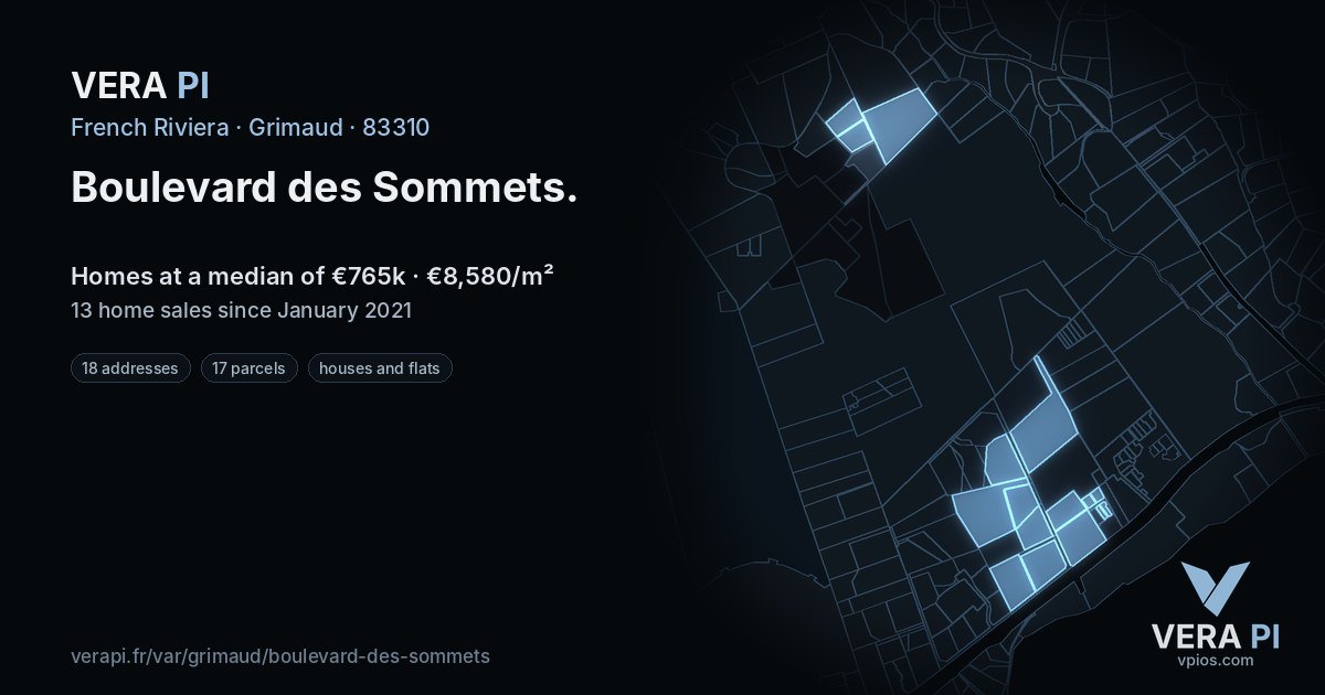 Boulevard des Sommets, Grimaud at night – every parcel coloured by the prices around it, the street's own parcels lit