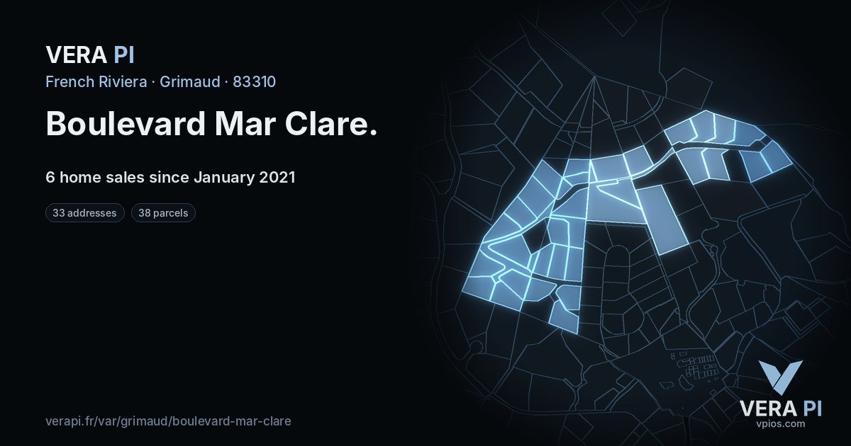 Boulevard Mar Clare, Grimaud at night – every parcel coloured by the prices around it, the street's own parcels lit