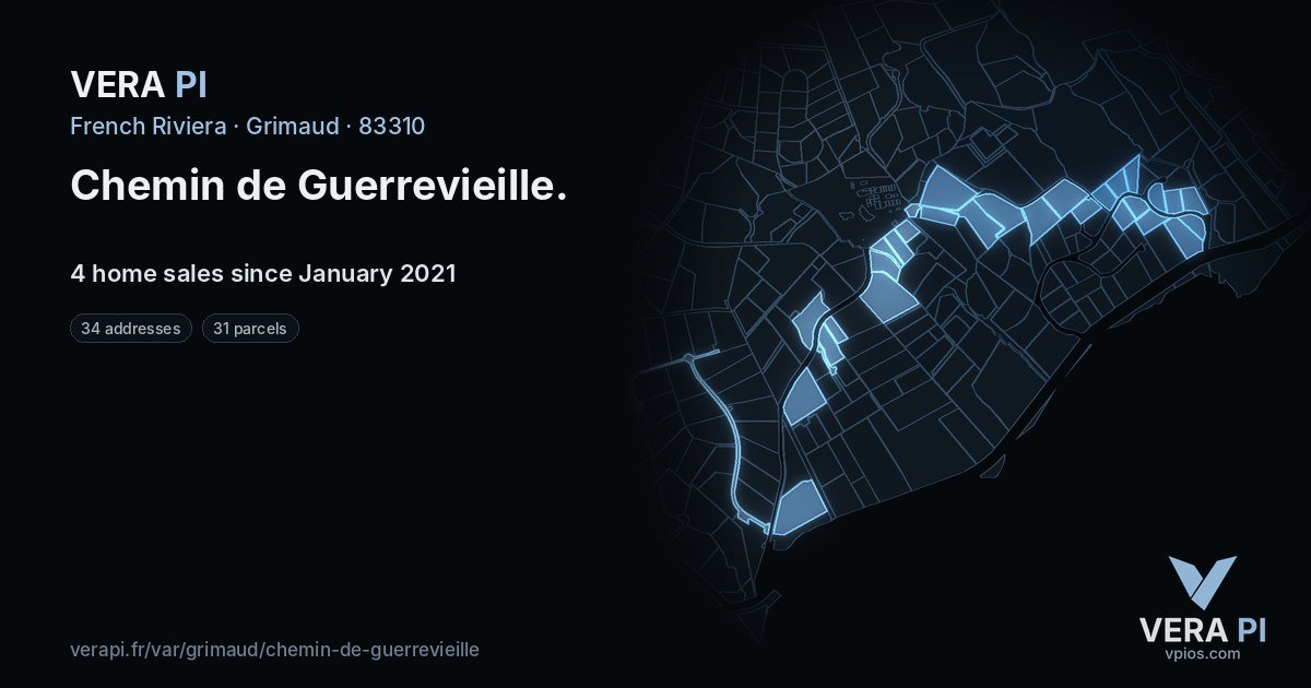 Chemin de Guerrevieille, Grimaud at night – every parcel coloured by the prices around it, the street's own parcels lit