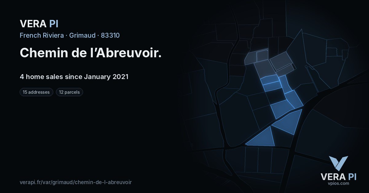 Chemin de l’Abreuvoir, Grimaud at night – every parcel coloured by the prices around it, the street's own parcels lit