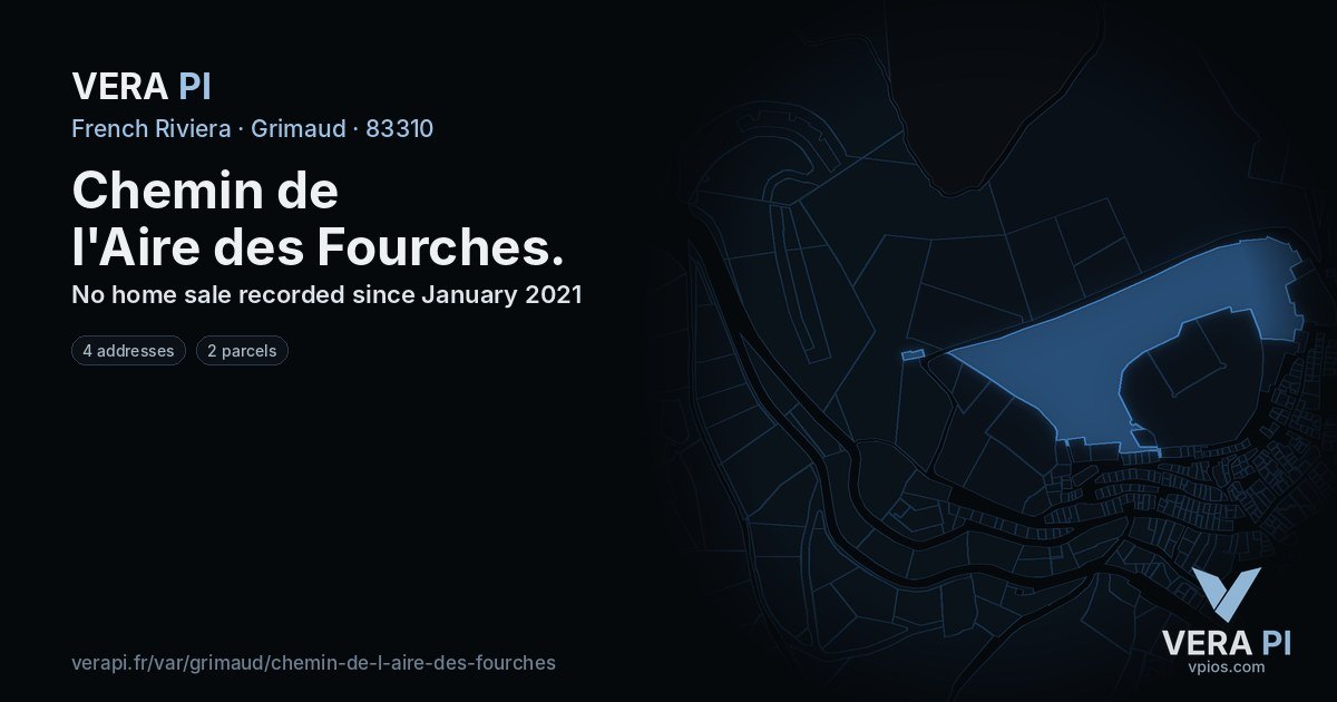 Chemin de l'Aire des Fourches, Grimaud at night – every parcel coloured by the prices around it, the street's own parcels lit