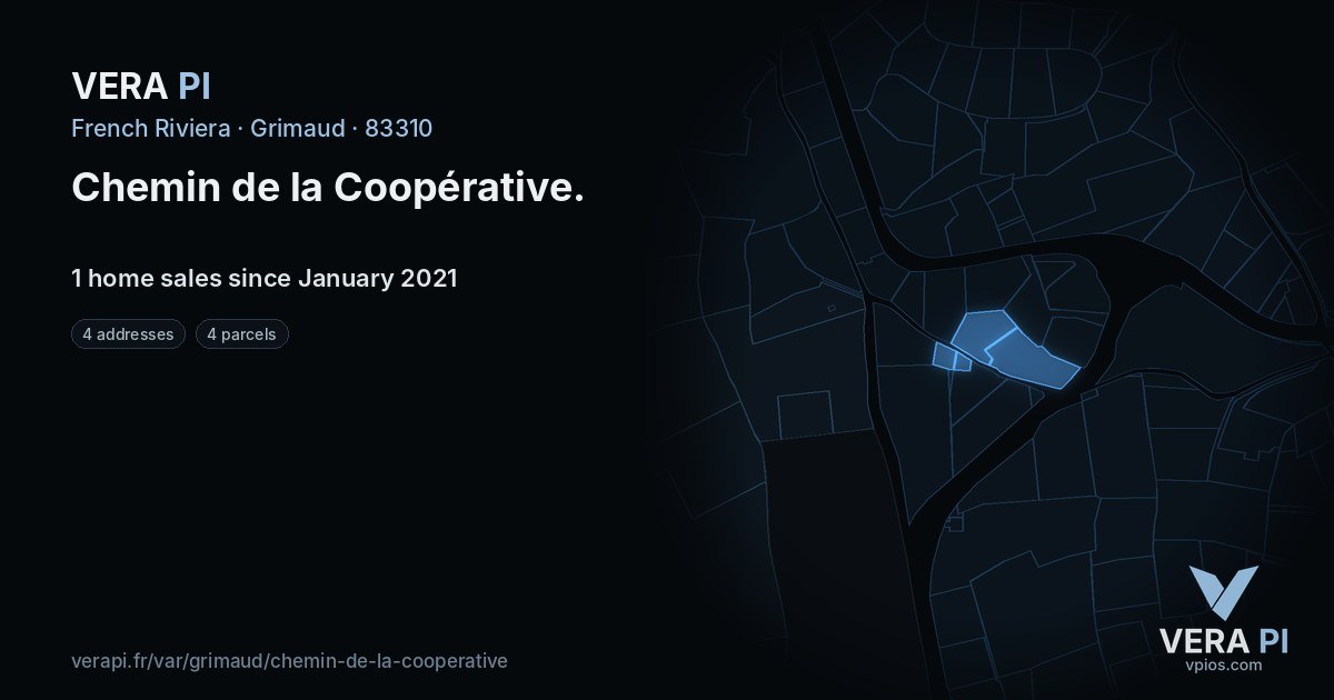 Chemin de la Coopérative, Grimaud at night – every parcel coloured by the prices around it, the street's own parcels lit