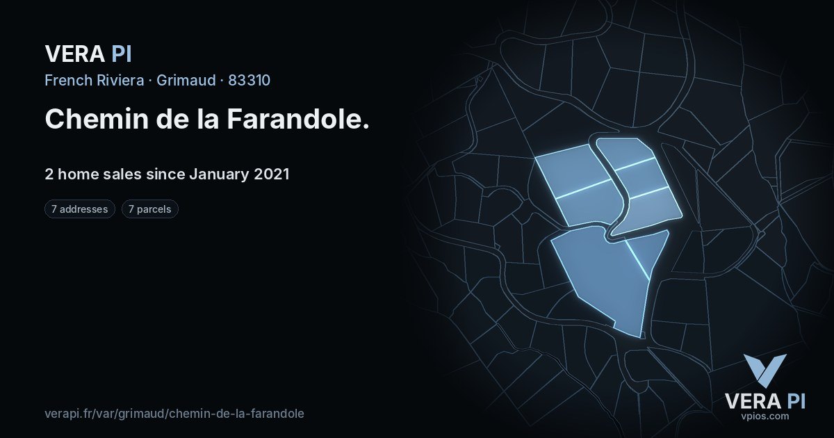 Chemin de la Farandole, Grimaud at night – every parcel coloured by the prices around it, the street's own parcels lit