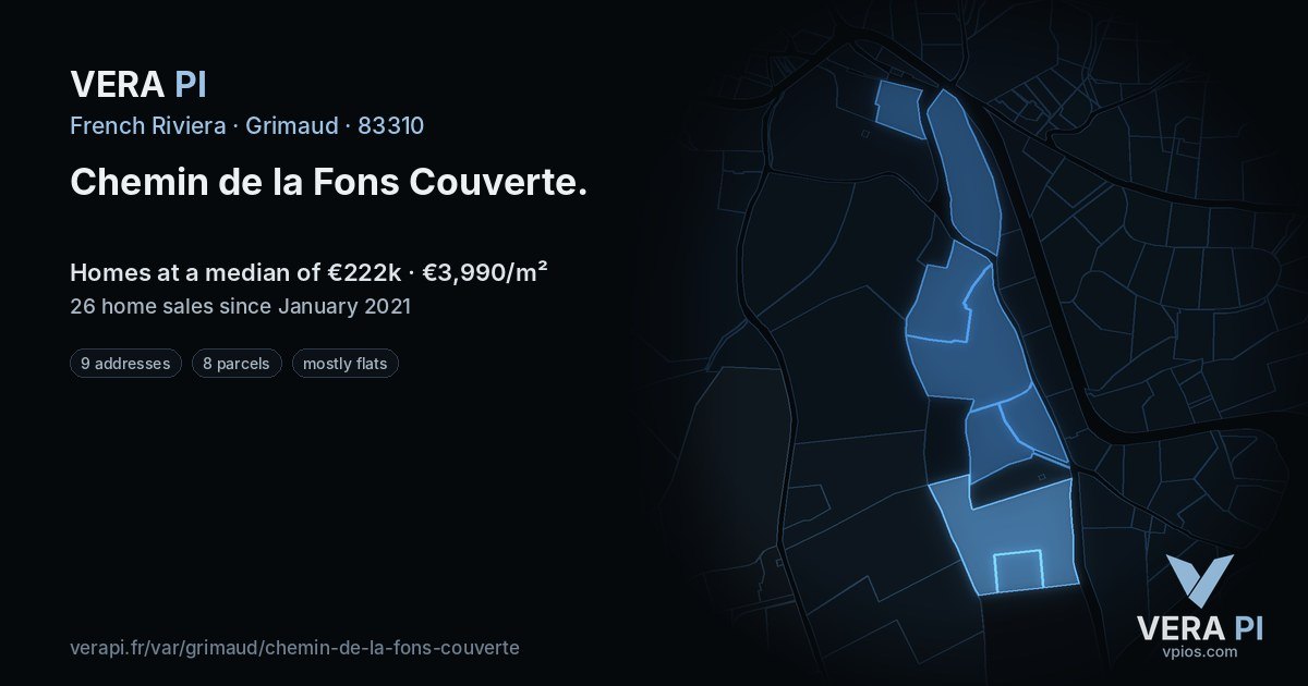 Chemin de la Fons Couverte, Grimaud at night – every parcel coloured by the prices around it, the street's own parcels lit