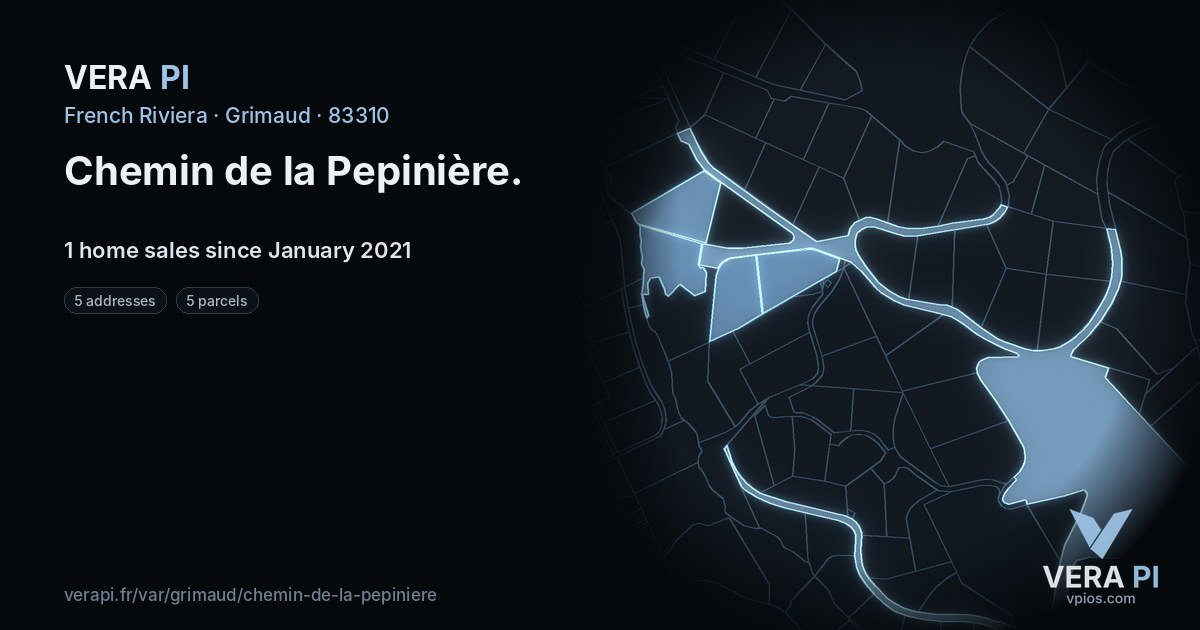 Chemin de la Pepinière, Grimaud at night – every parcel coloured by the prices around it, the street's own parcels lit