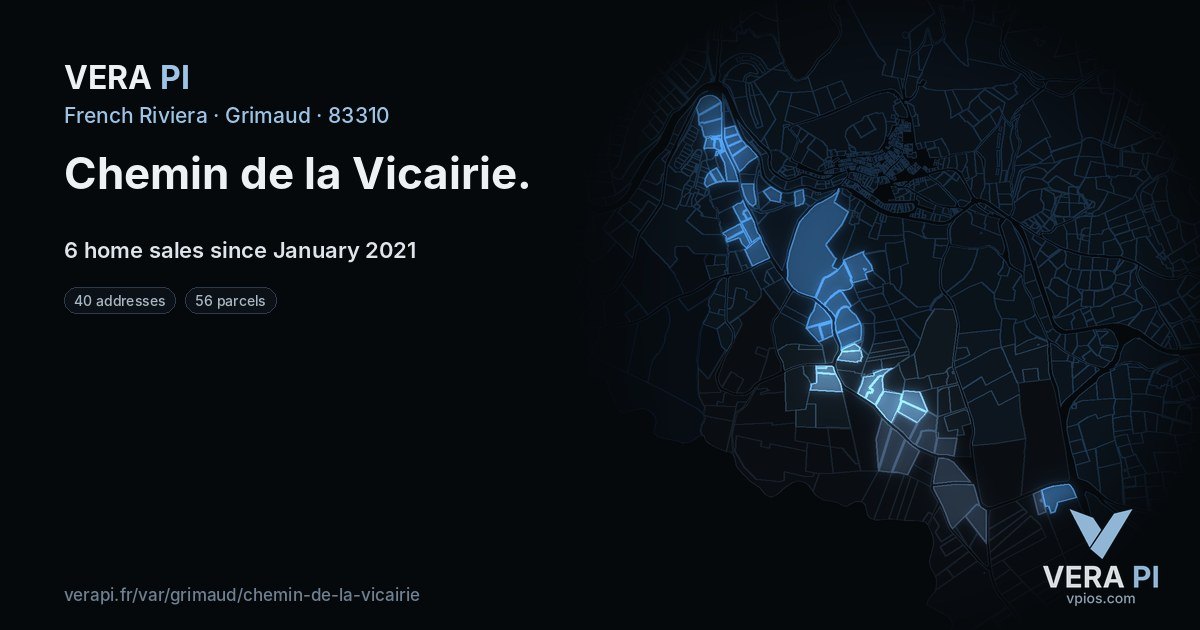 Chemin de la Vicairie, Grimaud at night – every parcel coloured by the prices around it, the street's own parcels lit