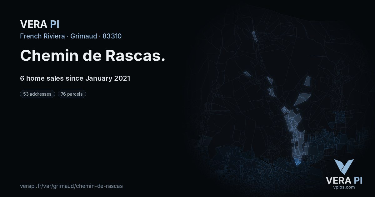 Chemin de Rascas, Grimaud at night – every parcel coloured by the prices around it, the street's own parcels lit