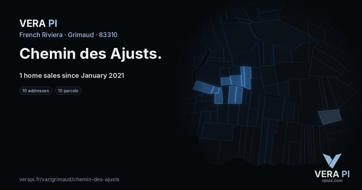 Chemin des Ajusts, Grimaud at night – every parcel coloured by the prices around it, the street's own parcels lit