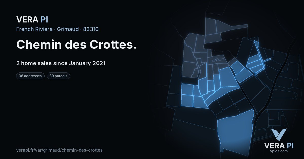 Chemin des Crottes, Grimaud at night – every parcel coloured by the prices around it, the street's own parcels lit