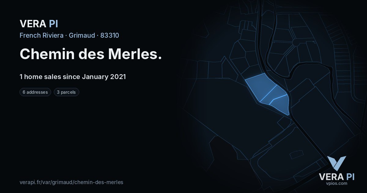 Chemin des Merles, Grimaud at night – every parcel coloured by the prices around it, the street's own parcels lit