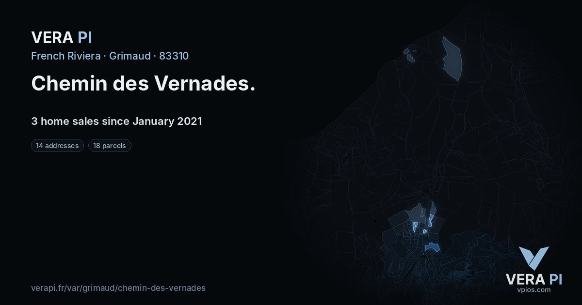 Chemin des Vernades, Grimaud at night – every parcel coloured by the prices around it, the street's own parcels lit