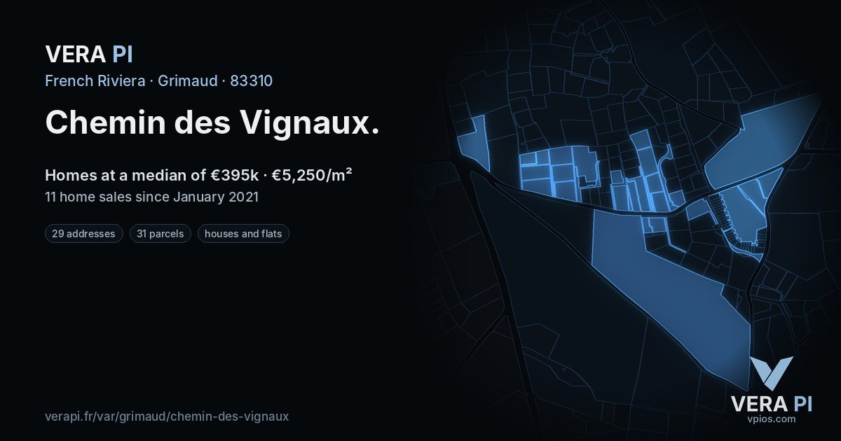 Chemin des Vignaux, Grimaud at night – every parcel coloured by the prices around it, the street's own parcels lit