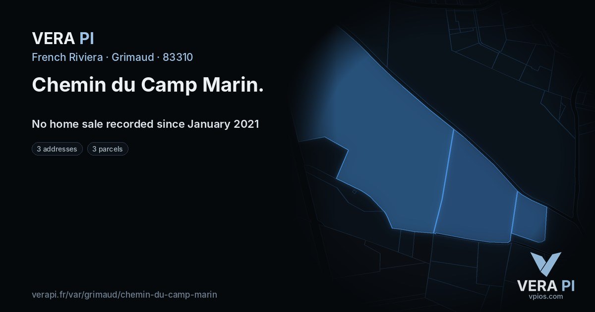 Chemin du Camp Marin, Grimaud at night – every parcel coloured by the prices around it, the street's own parcels lit