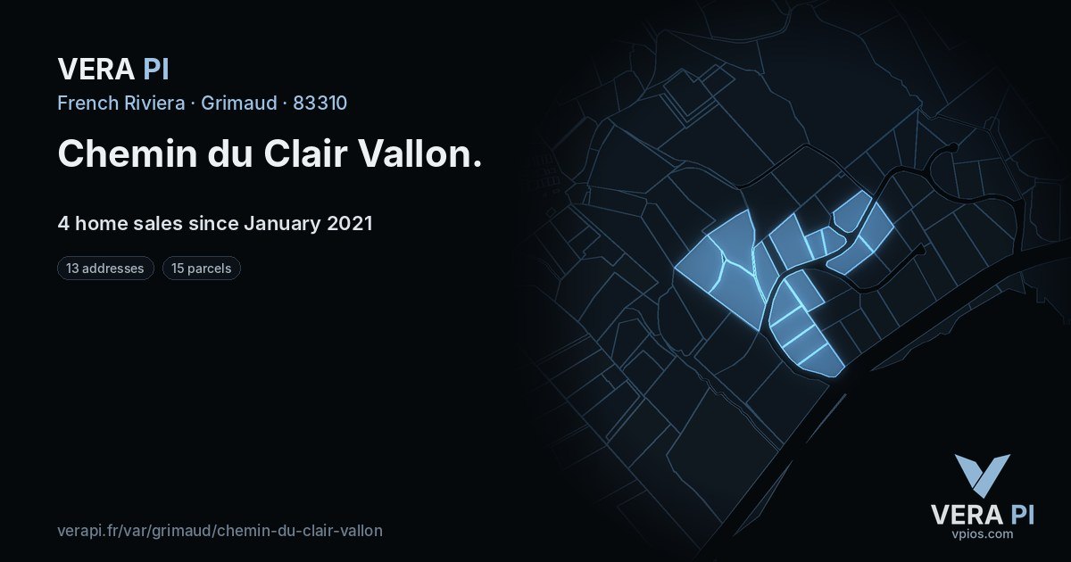 Chemin du Clair Vallon, Grimaud at night – every parcel coloured by the prices around it, the street's own parcels lit