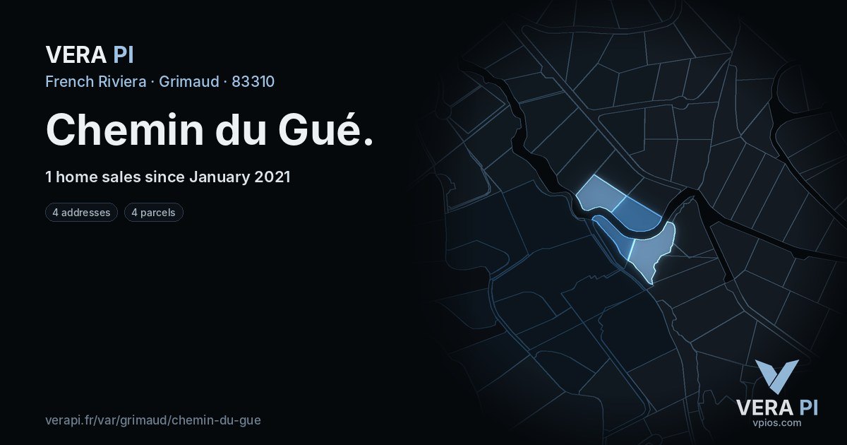 Chemin du Gué, Grimaud at night – every parcel coloured by the prices around it, the street's own parcels lit
